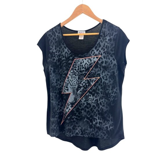 Black Animal Leopard Cheetah Print Lightning Bolt Hi-Low Shirt Top Size XL - Picture 1 of 6